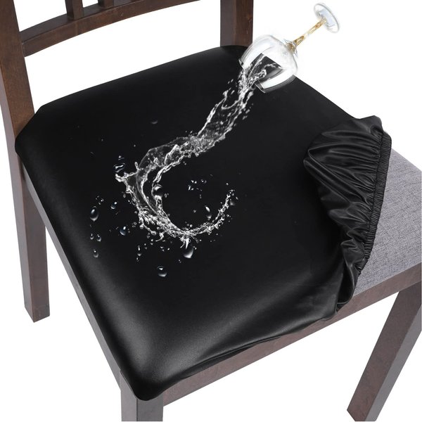 SearchI Waterproof PU Leather Seat Covers for Dining Chairs, 4 Pack Stretchable Dining Room Chair Seat Covers, Kitchen Chair Seat Covers Protectors (Black)