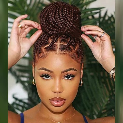 AFBeauty Knotless Box Braided Wigs for Black Women Brown Long Straight Synthetic Natural Looking Cornrow Braids Wig Lightweight Braiding Hair Realistic Hand Braided Synthetic Lace Front Wigs 26 Inch