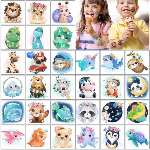 Glaryyears Watercolor Animals Temporary Tattoo for Kids, 30-Pack Fake Tattoos Stickers Cute Lion Tiger Dinosaur for Girls Boys Children on Body Face Hand Arm Party Favor