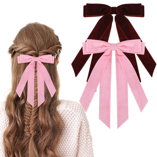 Ouligay 4pcs Velvet Hair Bows for Women Girls, Red Pink Bow Hair Clips, Velvet Hair Ribbon Clips, Hair Bows Barrettes Hair Styling Hair Accessories for Baby Toddlers Teens Kids