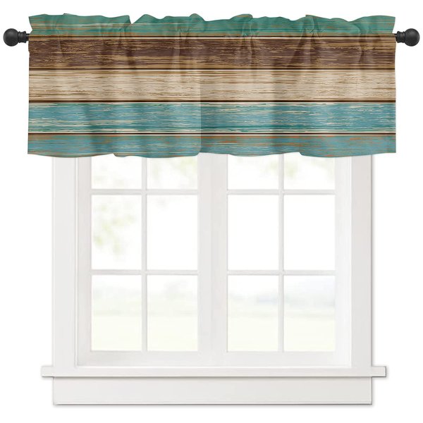 Homechoid Teal Turquoise Curtain Valance for Windows/Living Room/Kitchen/Bathroom/Farmhouse, Rustic Wood Board Green Brown Short Rod Pocket Tier Curtain Window Treatment, 1 Panel 54x18