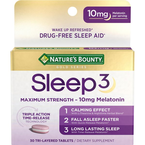 Nature's Bounty Melatonin, Sleep3 Maximum Strength 100% Drug Free Sleep Aid, Dietary Supplement, L-Theanine & Nighttime Herbal Blend Time Release Technology, 10mg, 30 Tri-Layered Tablets