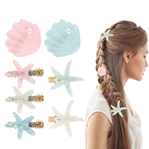 Nogeqi 7 Pcs Seashell Hair Clip Set, Shell Beach Hair Accessories Styling Tools, Pearl Starfish Hair Clip Mermaid Accessories for Girls Women (Classic Color)