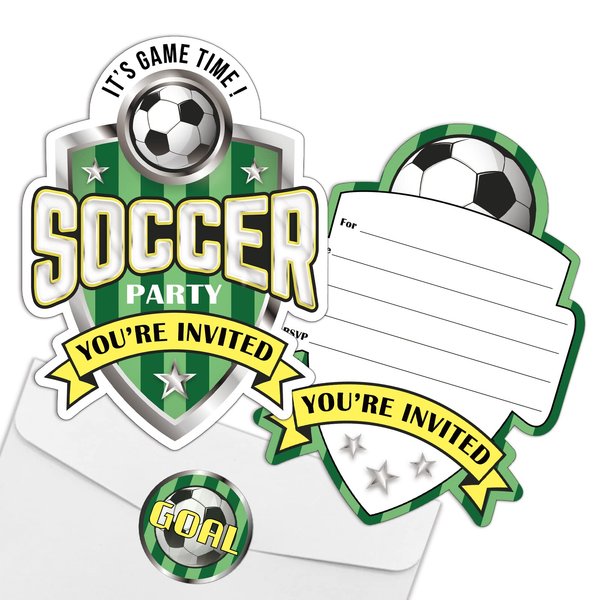 REWIDPARTY Soccer Birthday Party Invitations with Envelopes & Stickers（Set of 15） Soccer Game Shaped Fill-in Invitations Soccer Party Invite Cards Soccer Sport Party Invites Supplies for Kids Adults