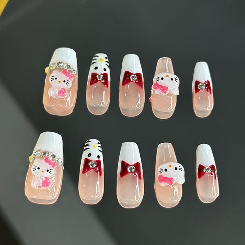 Ricefod Press on Nails Handmade Reusable Fake Nails with Cartoon Cat Design Press on False Nails French Tip Coffin Nails 10 Pcs Luxury Nails, Size:Small