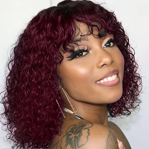 DÉBUT Short Curly Wigs with Bangs 1B Roots with 99J Human Hair 10 Inch Water Wave Glueless Bob Wigs Put On and Go 150% Density Ombre Burgundy Color