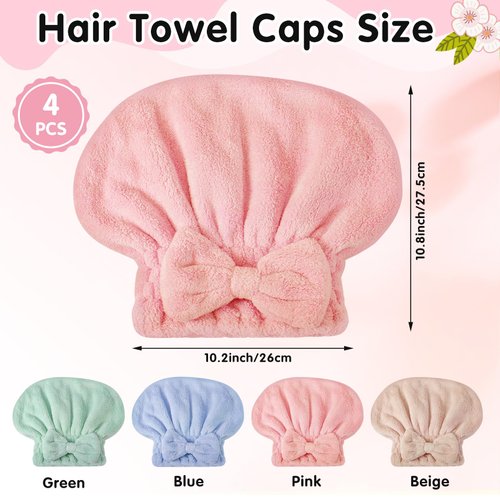 IJRPLM 4 Pack Microfiber Hair Towel Cap,Super Absorbent Hair Towel Wrap Drying Hair Cap,Soft Microfiber Hair Drying Towel Cap with Bow-Knot,Anti Frizz Hair Turban Wrap for Curly Long Wet Hair