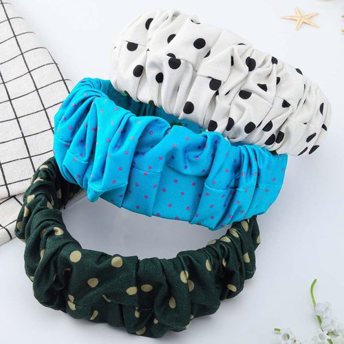 Bouory Boho Wide Headbands Polka Dot Hairband Folds Vintage Head Bands African Turban Hair Hoop for Women and Girls 3PCS(White,Blue,Green) (Type A)