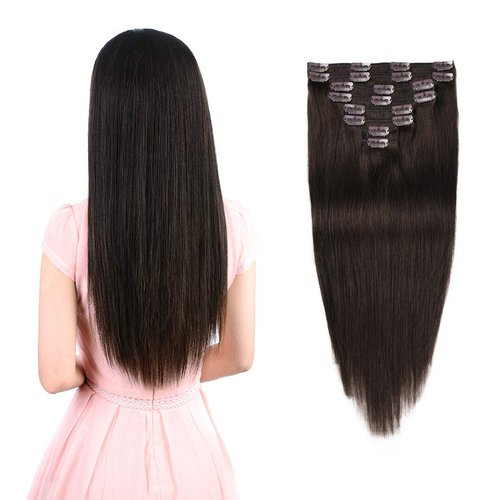 Real Clip in Hair Extensions Dark Brown 8 Pieces - Premium Womens Straight Double Weft Thick Remy Hair Extensions Clip in on Human Hair for Short Hair (12" / 12 inch, #2, 82 grams/2.9 Oz )