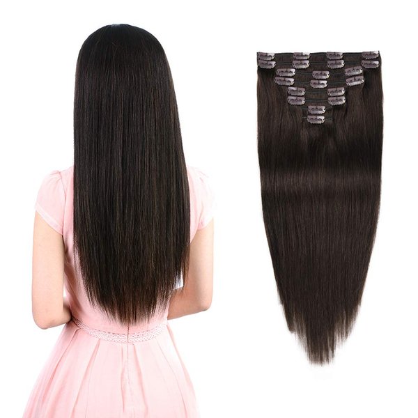Real Clip in Hair Extensions Dark Brown 8 Pieces - Premium Womens Straight Double Weft Thick Remy Hair Extensions Clip in on Human Hair for Short Hair (12" / 12 inch, #2, 82 grams/2.9 Oz )