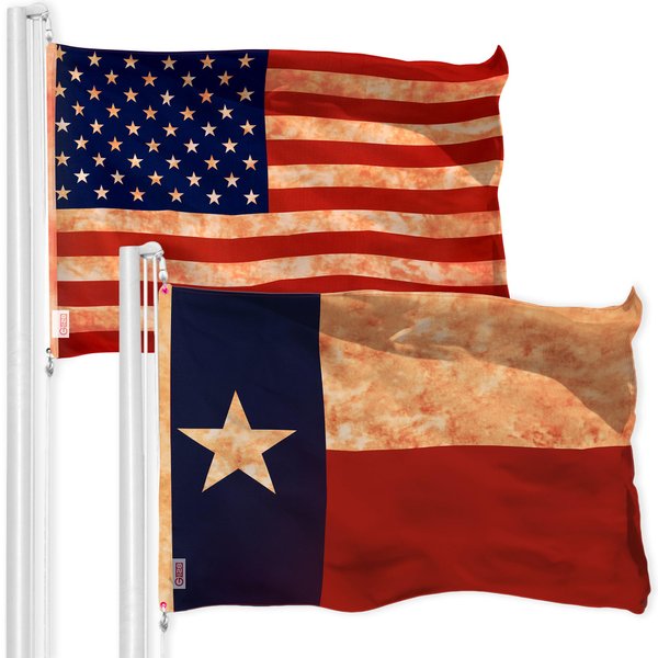 G128 Combo Pack: American USA Tea-Stained Flag 3x5 Ft & Texas Tea-Stained Flag 3x5 Ft | Both LiteWeave Pro Series Printed 300D Polyester, Brass Grommets