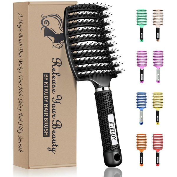 KTKUDY Detangling Brush Boar Bristles Hair Brush Make Hair Shiny & Healthier Curved and Vented Detangler Brush for Women Men Kids Wet & Dry Hair (Black)