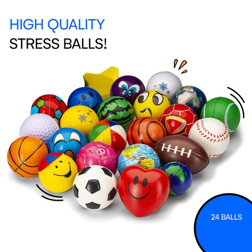 Neliblu Bulk Set of 2.5" Stress Balls -24 Set Treasure Box Classroom Prizes, Fidget Toys, Party Favors, Grip Strength Trainer in Assorted Designs and Colors for Kids, Adults and Teens