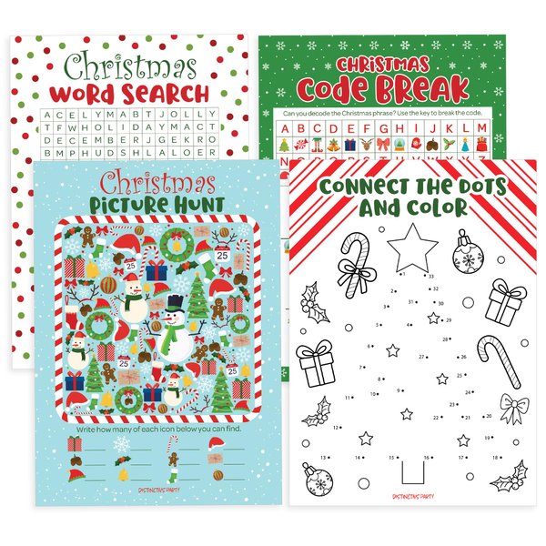 Christmas Party Games - Word Search, Picture Hunt, Code Break, Connect Dots - 4 Game Bundle for 25 Guests
