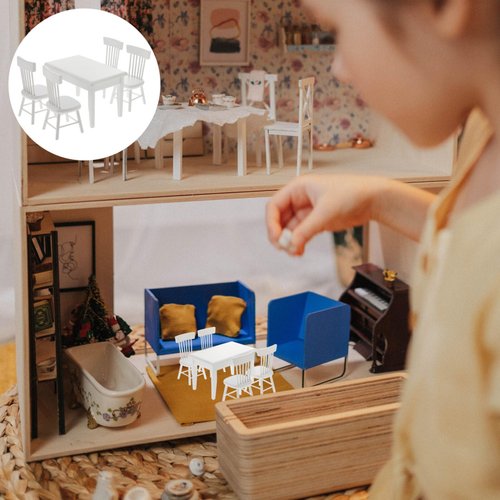 Beaupretty Doll House Furniture Miniature Wooden Dollhouse Table and Chairs Mini Accessories of Dining Room (White)