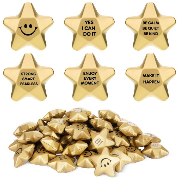 Libima 50 Pieces 2.4inch Star Stress Balls Gold Smile Face Stress Balls Motivational Mini Foam Ball Inspirational Relief Squeeze Balls Star Stress Toys for Adults Coworkers Teen School Party Favors