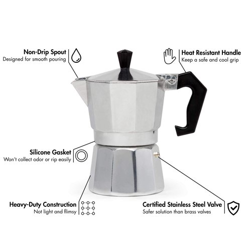 Primula Classic Stovetop Espresso and Coffee Maker, Moka Pot for Italian and Cuban Café Brewing, Greca Coffee Maker, Cafeteras, 3 Espresso Cups, Silver
