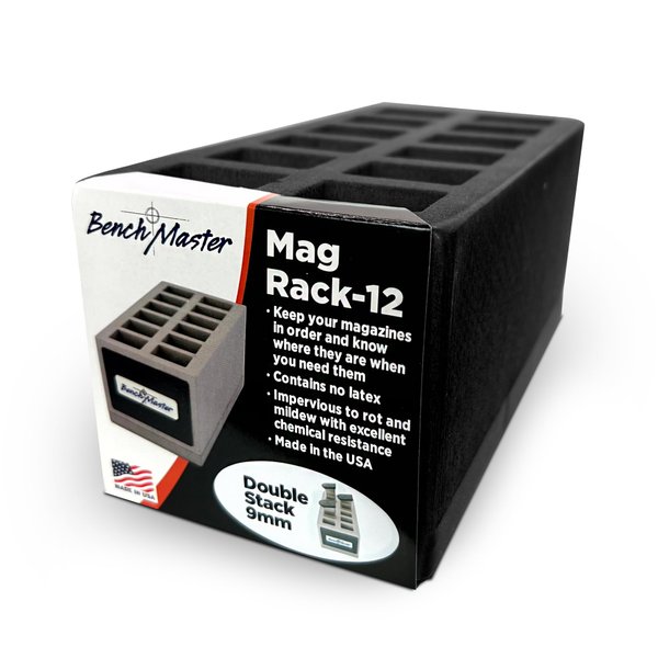 BenchMaster Double Stack 9mm Mag Rack (4" x 4" x 7.8"), Pistol Rack, Pistol Magazine Holder, Gun Parts & Accessories, Shock Absorption, Lightweight, Holds 12 Mags