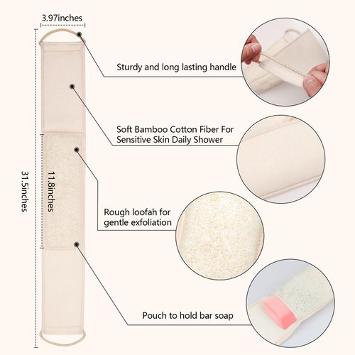 Natural Exfoliating Loofah Back Scrubber for Shower Bath - Long Handle Dual-Sided Luffa Back Washer Back Exfoliator Body Loofa Sponge Scrubbers for Deep Cleaning Skin Exfoliation with Shower Strap