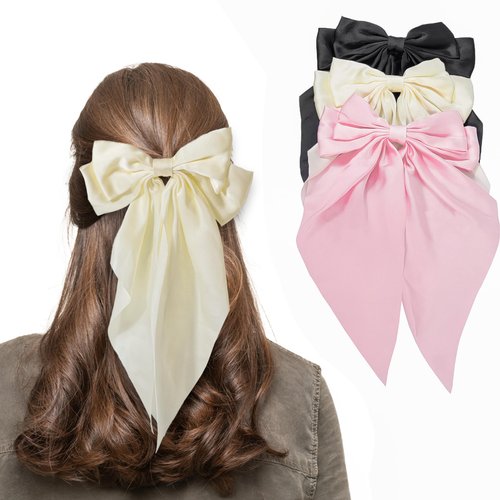 HUFITION Hair Bow Clips For Women, Hair Ribbons For women, Satin Bow For Hair Clips For Styling, Silk Hair Barrettes For Adult Women Satin Scrunchies Elastic Hair Ties Accessories For Teen Girls 3PCS