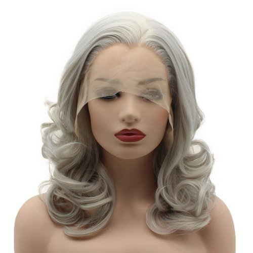 Meiyite Hair Wavy Shoulder Length 16inch Light Grey Half Hand Tied Heat Resistant Synthetic Lace Front Wigs
