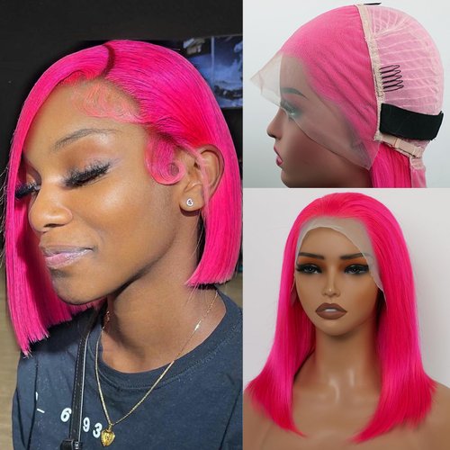 GIRLOFDREAMS Hot Pink 13x4 Bob Wig Human Hair Straight Lace Front Wigs Glueless 180 Density Pre Plucked with Baby Hair Short Brazilian Remy Colored Hair Transparent Lace Frontal Wigs for Black Women
