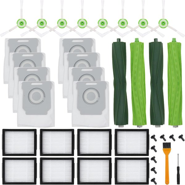 26 Pack Replacement Parts for iRobot Roomba E/i/j Series, E5 E6 E7 i2 i4+ i8+/Plus, 2 sets of multi-surface rubber roller brush 8 filters 8 side brushes 8 vacuum bags