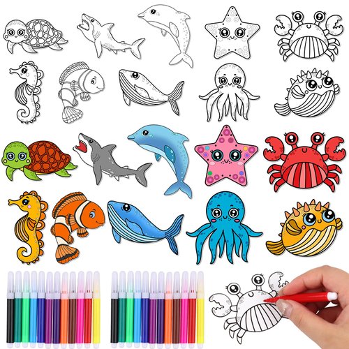 60 Set Ocean Animal Art Cards DIY Sea Animals Coloring Magnet Ornaments with 24 Colored Pen Ocean Craft Kits for Kids Sea Coloring Craft Painting Card for School Art Party Favors DIY Crafts Home Decor