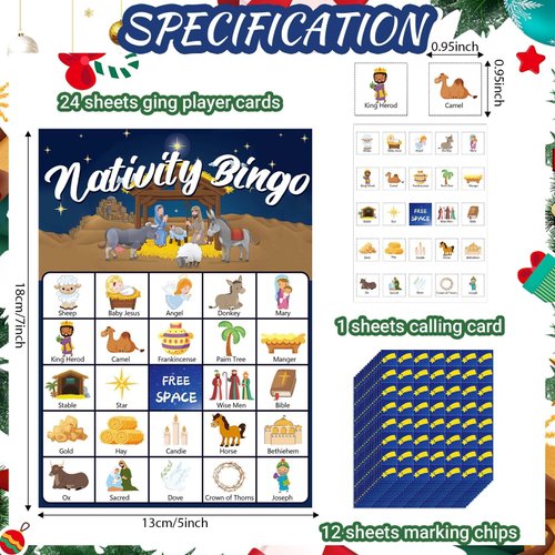 Kavoc Christmas Nativity Bingo Game Set for 24 Players with Nativity Bingo Cards Christian Religious Jesus Themed Bingo Games for Family Friends Gathering School Classroom Holiday Party Supplies