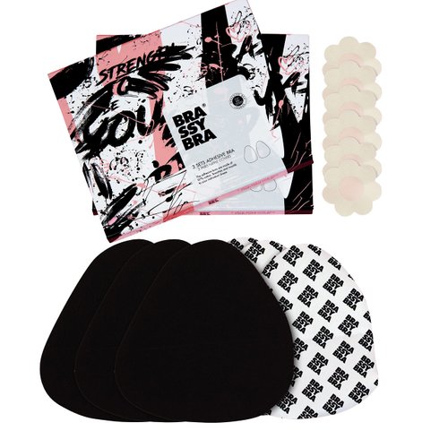 brassybra Waterproof Sweatproof Breast Lift Tape Set For A-G Cups Includes 3 Pairs of Adhesive Bras & 3 Pairs of Nipple Covers (Licorice, C-D)
