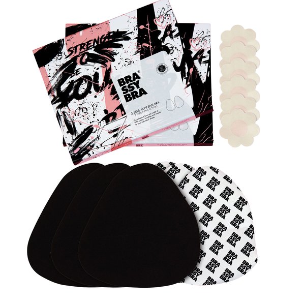 brassybra Waterproof Sweatproof Breast Lift Tape Set For A-G Cups Includes 3 Pairs of Adhesive Bras & 3 Pairs of Nipple Covers (Licorice, C-D)