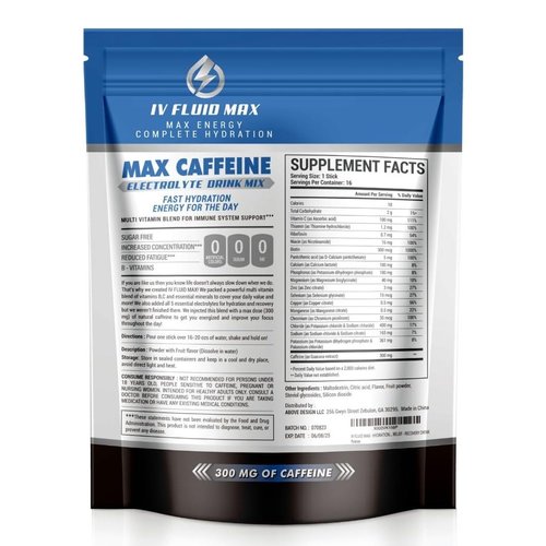 IV FLUID MAX - Hydration Acceleration - 300 mg Caffeine - Electrolyte + Energy Drink Mix - Preworkout/Recovery Drink