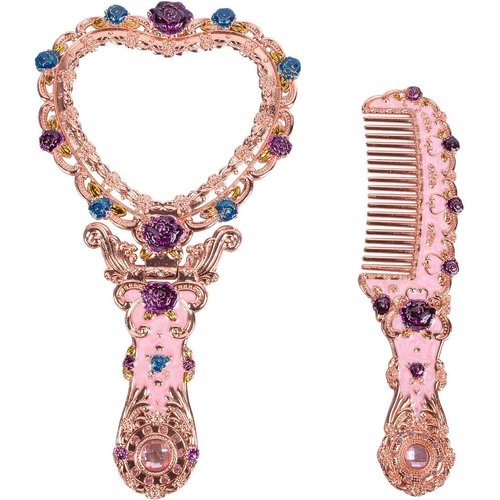 Nerien Antique Mirror Comb Set Vintage Metal Handheld Mirror Heart Shape Embossed Rose Hand Mirror with Comb Antique-Style Russian Style Mirror with Handle Travel Portable Foldable Makeup Mirror Pink