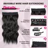 UAmy hair Black Long Wavy Curly Hair Invisible Wire Hair Extensions with Adjustable Size and 2 Clips in Hair Extensions 20 Inch Synthetic Hairpieces for Women(Black)