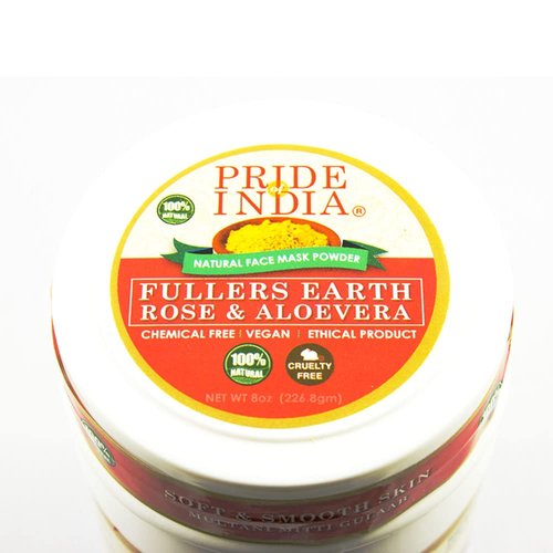 Pride Of India - Fuller's Earth Indian Clay Face Mask Powder w/Rose & Aloevera, Half Pound Jar, 100% Natural