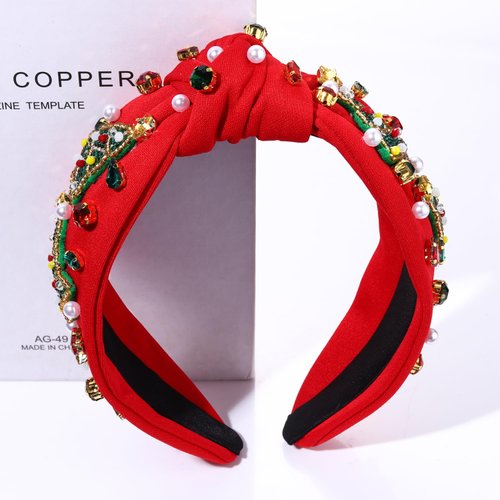 Christmas Headband for Women Holiday Christmas Accessories Beaded Xmas Bow Tree Snowflake HOHOHO Knotted Headband Red Green Crystal Pearl Top Knot Headband Festive Holiday Gifts (Xmas Tree 10)