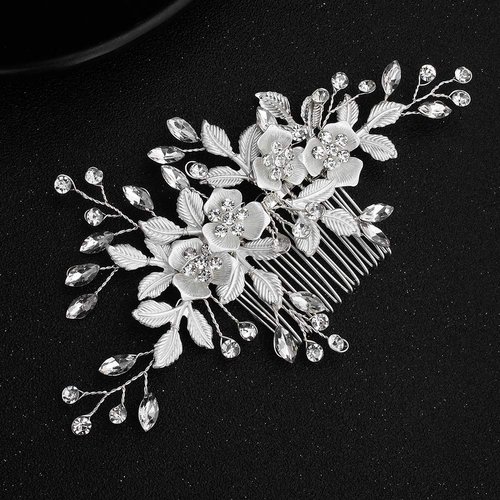 Sliver Flower Hair Comb With 2 Clear Crystal Hair Pins Hair Sticks Wedding Hair Comb Bridal Hair Accessories Hair Clips For Brides and Bridesmaids-Hapibuy