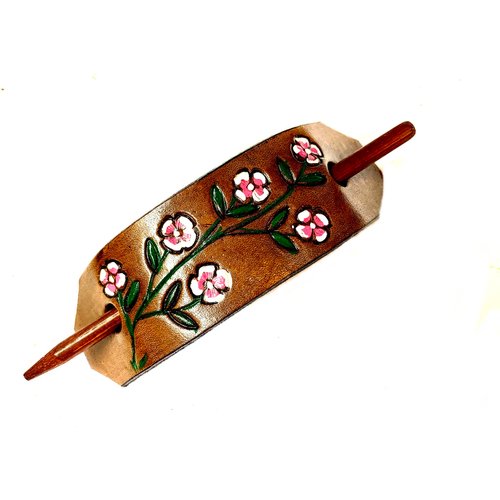 1 LEATHER HAIR BARRETTE, CLIPPED CORNER DESIGN PONYTAIL HOLDER, BRIGHTLY COLORED FLOWERS ON A MEDIUM BROWN BACKGROUND, CHOICE OF 4 GREAT COLORED FLOWERS