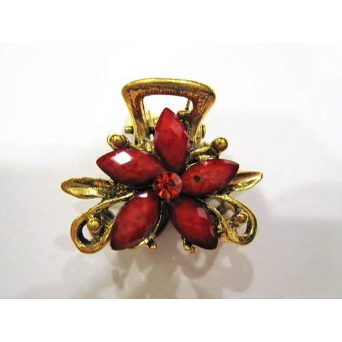 Generic Small mini metal jeweled antique bronze flower hair claw clip (Primary color: Pink), 1 Count (Pack of 1)