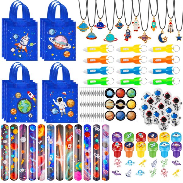 Ctosree 192 Pcs Space Theme Party Favors Space Goodie Non Woven Bags with Handle Slap Bracelet Space Tumbler Space Stampers Space Necklace Space Sticker and Helicopter Keychains for Birthday Party