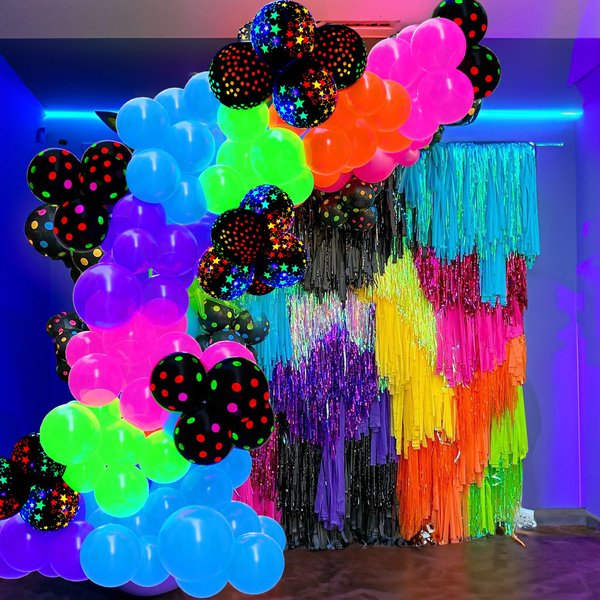 128Pcs UV Neon Glow in the Dark Balloon Arch Kit, Rainbow Red Blue Yellow Green Balloons, Fluorescent Party Supplies for Disco, Glow Parties, 80s 90s Neon Themed Birthday Celebrations