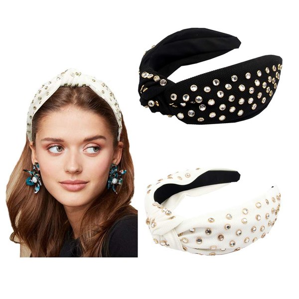 Beads Embellished Headband Knotted 2 Pack Wide Band Fashion Cute Studs Hair Hoop Headbands For Adult Girl