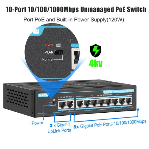 TEROW 10-Port Gigabit PoE+ Network Switch: Featuring 8 PoE+ Ports, 2 Enhanced Uplink Ports, 802.3af/at Compliant, Plug & Play, with Shielded Ports, Traffic Optimization, and Silent Fanless Design