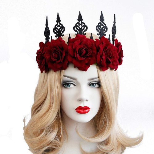 LSHDXD Vintage Red Rose Queen Hair Band, Halloween Christmas Headbands Headdress for Women, Perfect Hair Accessories Floral Flower Crown for Ball Party Masquerade and Cosplay. (red)