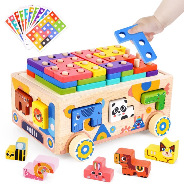 ATOYUS Montessori Toys for 2 3 Year Old Toddler, Wooden Building Blocks Educational Toys Kids, Animals Shape Sorting Stacking Learning Toys for Toddlers, Christmas Birthday Gifts for Girls Boys