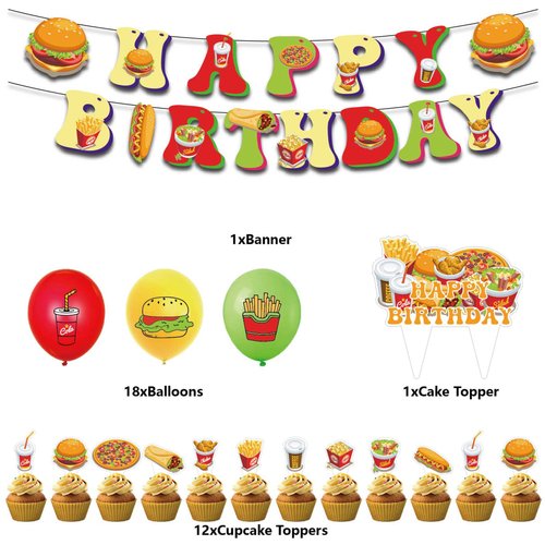 Fast Food Birthday Party Decoration Pizza Party Supplies Include Hamburger HAPPY BIRTHDAY Banner Coke Balloons French Fries Cake Topper Coffee Cupcake Toppers Fast Food Party Decoration