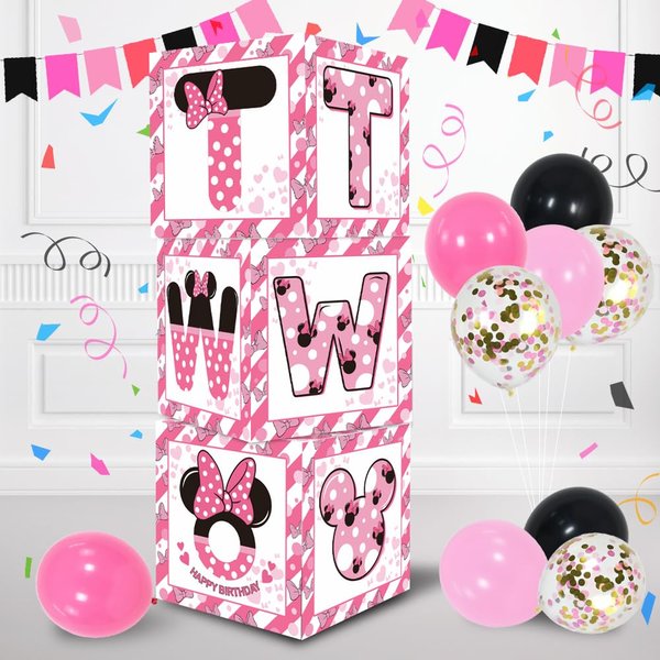 TONIFUL Pink Mouse 2nd Birthday Party Supplies Pink Balloon Box with Letters，Pink Mouse Theme Two Years Old Birthday Party Favors for Girls Second Birthday Decoration