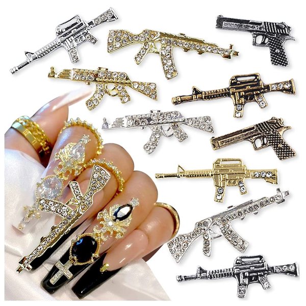 3D Metal Gun Nail Charms Alloy Weapon Nail Charm Luxury Diamond Gun Charms For Nails Gun Nail Jewels For Nail Art Decoration Rhinestones Nail Accessories DIY Nail Art Tools Nail Supplies