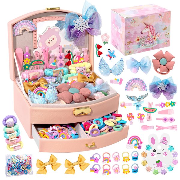 Qopoto Hair Accessories Kits for Girls, Hair Set for Girls Including Gift Box/Hair Clips/Hair Barrettes/Hair Ties/Hair Bows, Little Girls Teen Girl Birthday Gifts Age 4-15 (Pink with Case)