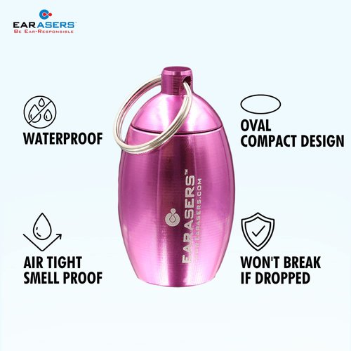 EARasers Earplugs Keychain Carrying Case - Aluminum Waterproof Ear Plugs and Pills Holder (Pink)